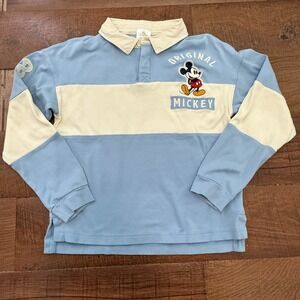 Disney Rugby Shirt Kids Large L Blue Cream Mickey Mouse Colorblock Long Sleeve